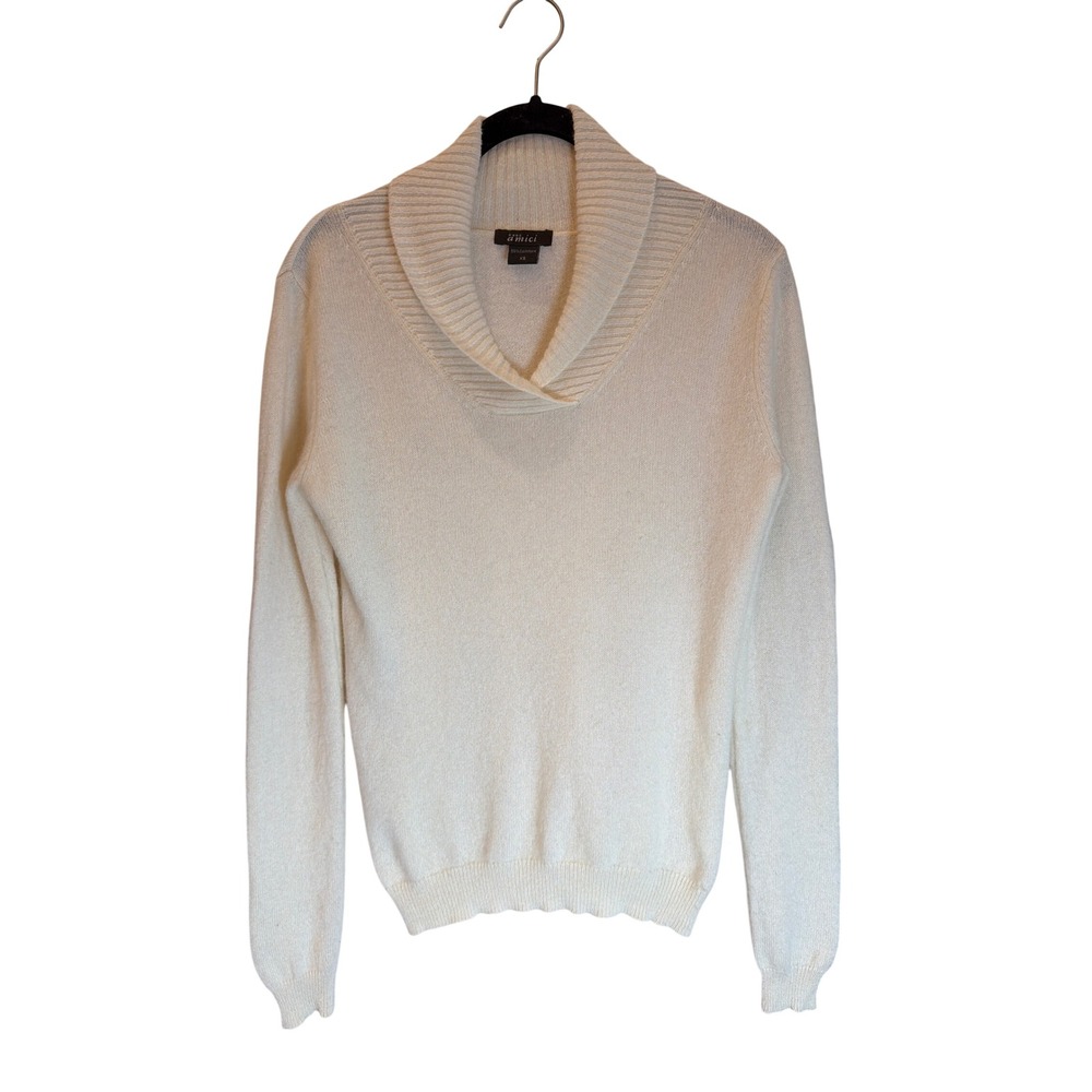 Pure Amici Cashmere Sweater Womens XS Cream Shawl Collar V-Neck Knit Pullover